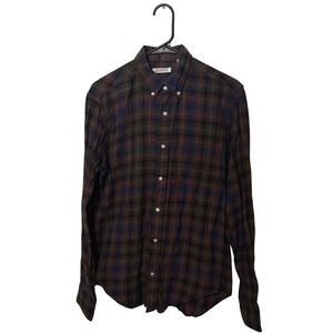Gustin Shirt Mens Medium Brown Blue Green Plaid Lightweight Flannel Made in USA